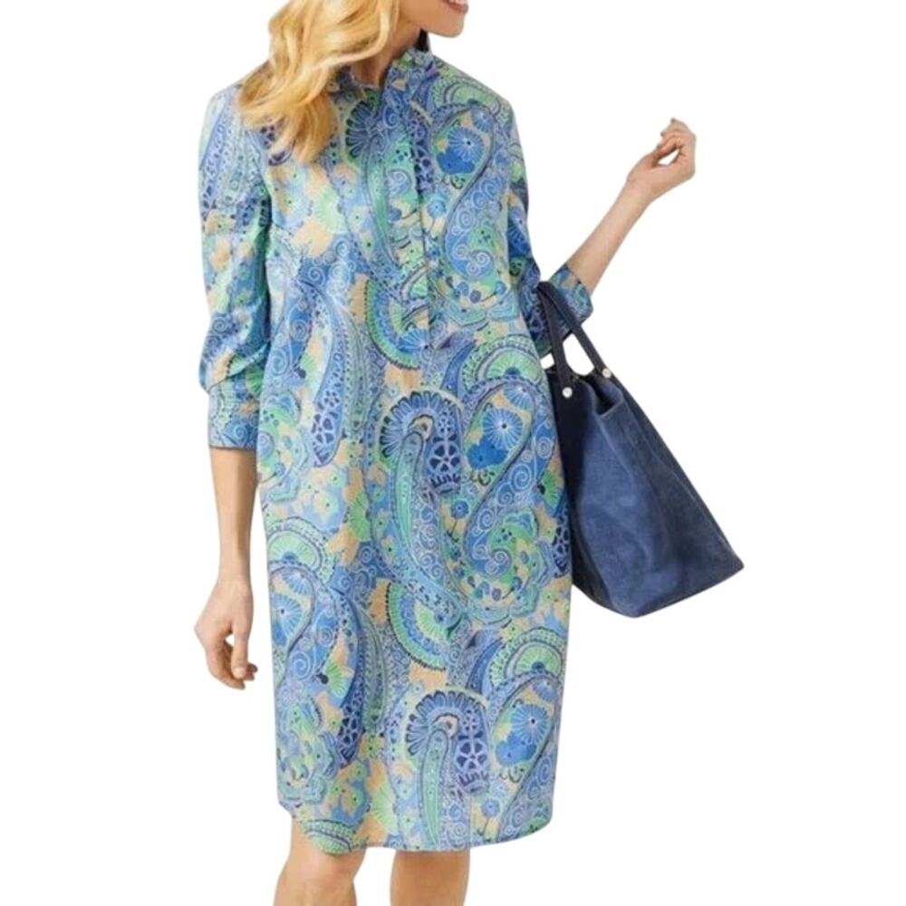 J.Mclaughlin Berlin Midi Shirt Dress Blue Green Paisley Cotton Pop Over Shift S